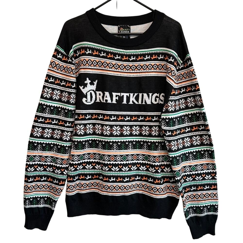 DraftKings Nordic Fair Isle Pattern Ugly Christmas Sweater Black Crewneck 2XL